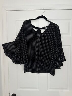 Black Polka Dot Flutter Sleeve Top with Back Tie Detail